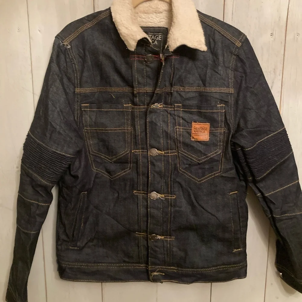 Heritage America Jacket Mens Dark Denim Button Sherpa Collar Bomber Fit‎ New Med